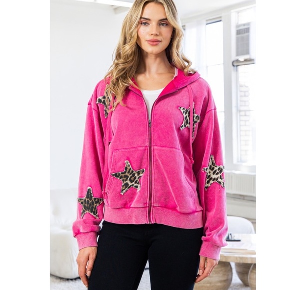oddi Tops - "The Beth" Pink Washed Star Patch Hoodie Jacket